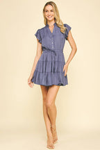 BUTTON DOWN TIERED MINI DRESS -  BERRY