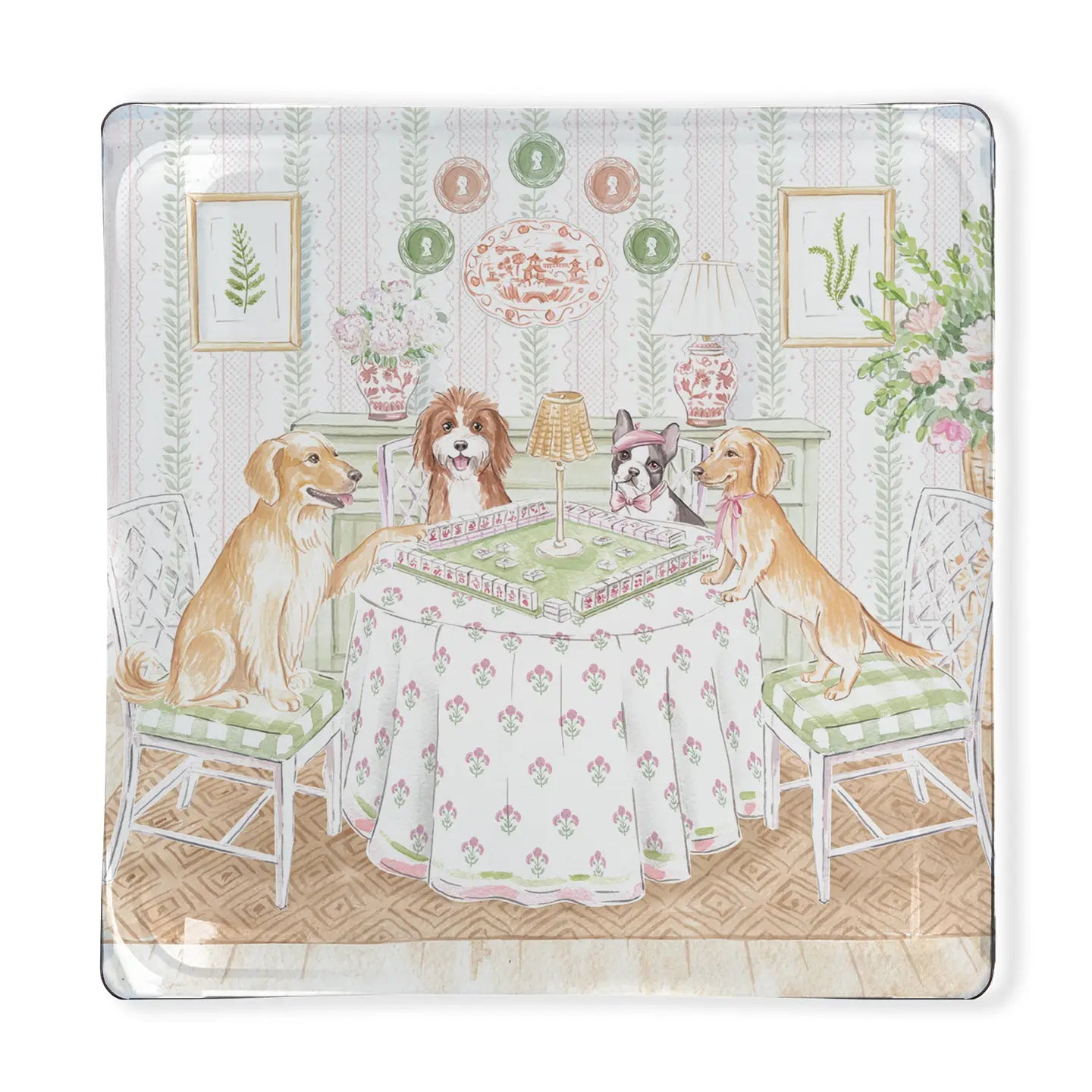 Teddy & White Stork Glass Tray - Dogs Playing Mahjong
