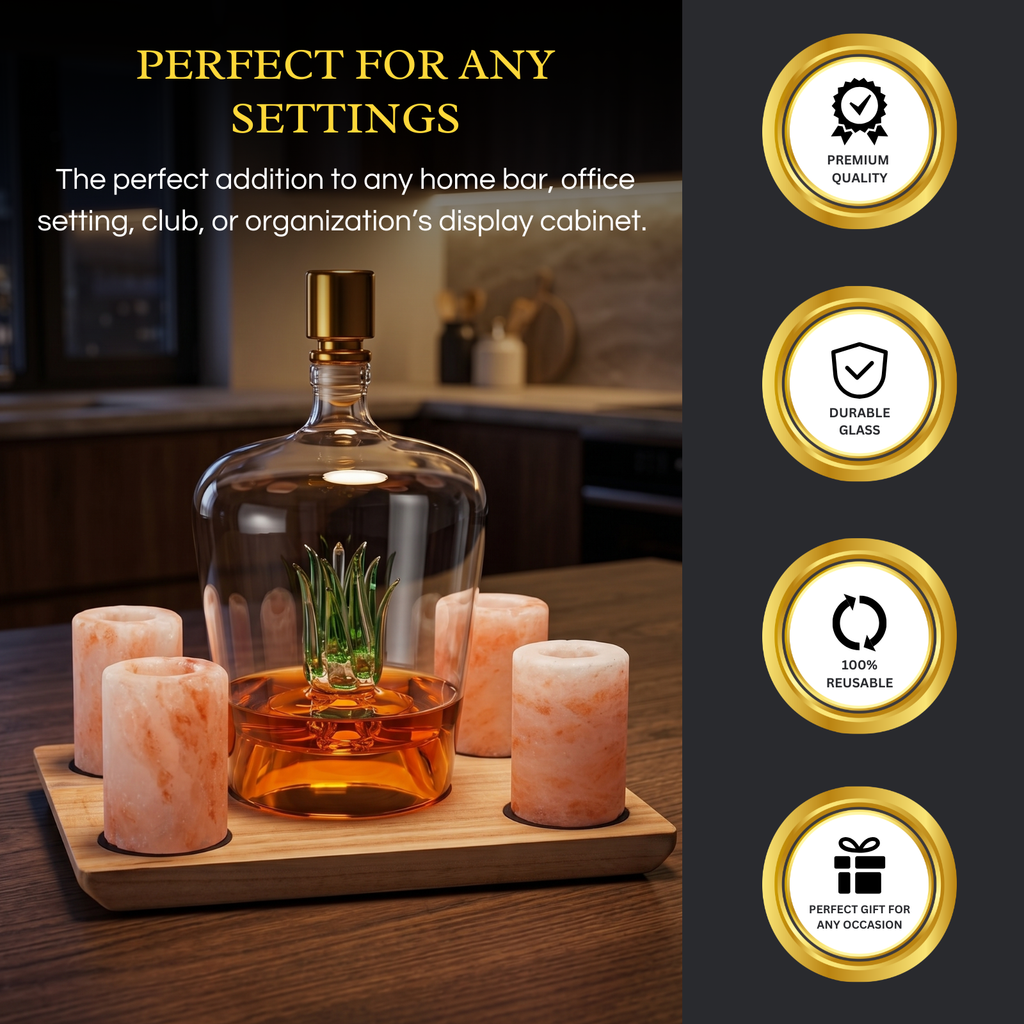 Tequila Decanter With 4 Pink Himalayan Salt Shot Glasses
