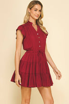 BUTTON DOWN TIERED MINI DRESS -  BERRY