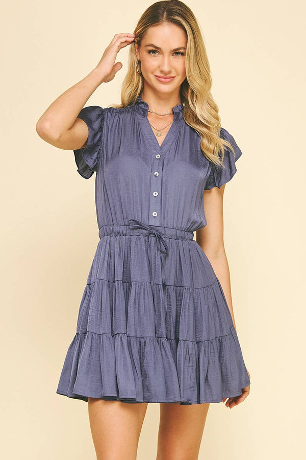 BUTTON DOWN TIERED MINI DRESS -  BERRY