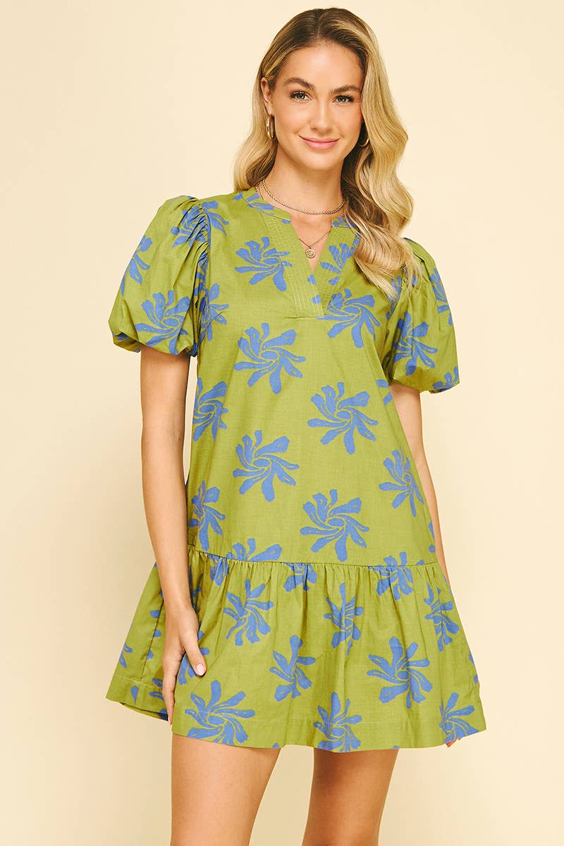 FLORAL PRINT MINI DRESS  AVOCADO BLUE