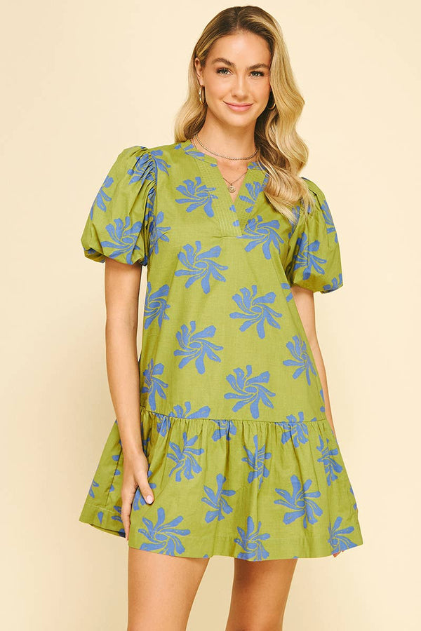 FLORAL PRINT MINI DRESS  AVOCADO BLUE