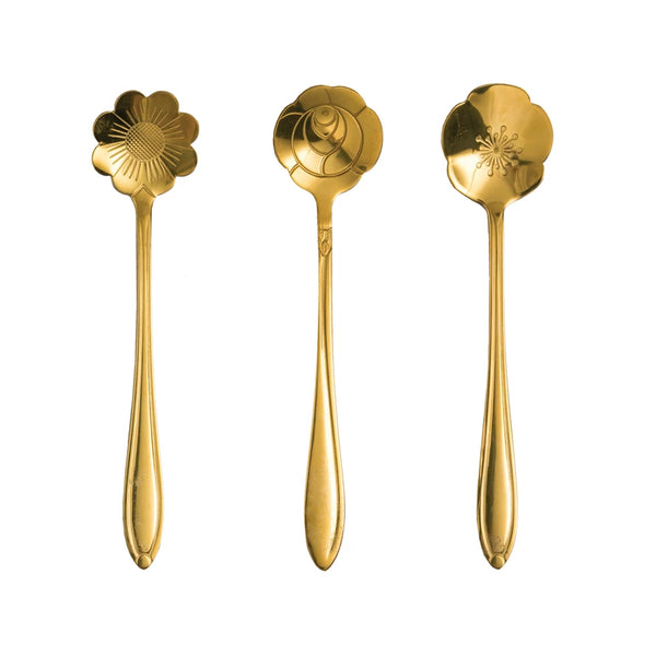 S/3 5"L Stainless Steel Flower Shaped Spoons, Gold Finish