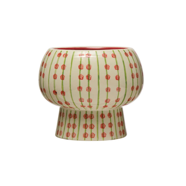 Hand-Painted Stoneware Planter w/ Pattern, Cream Color, Green & Red