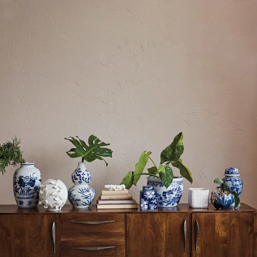 10" Round x 15"H StonewareVase, Blue & White