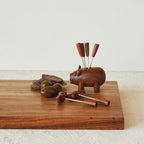 6 Appetizer Forks w/ Wood Pig Shaped Holder