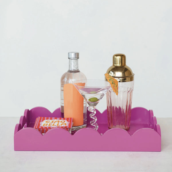 Lacquered Scalloped Tray w/ Handles, Fuchsia