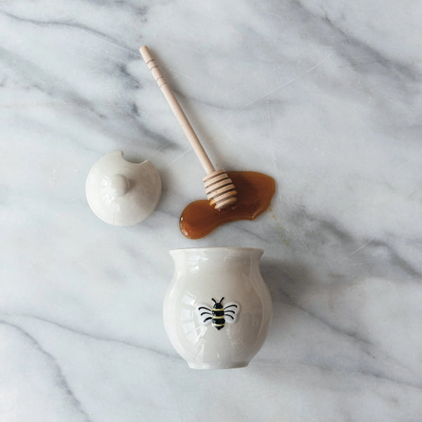 Honey Jar w/ Bee & Wood Dipper, Set of 2