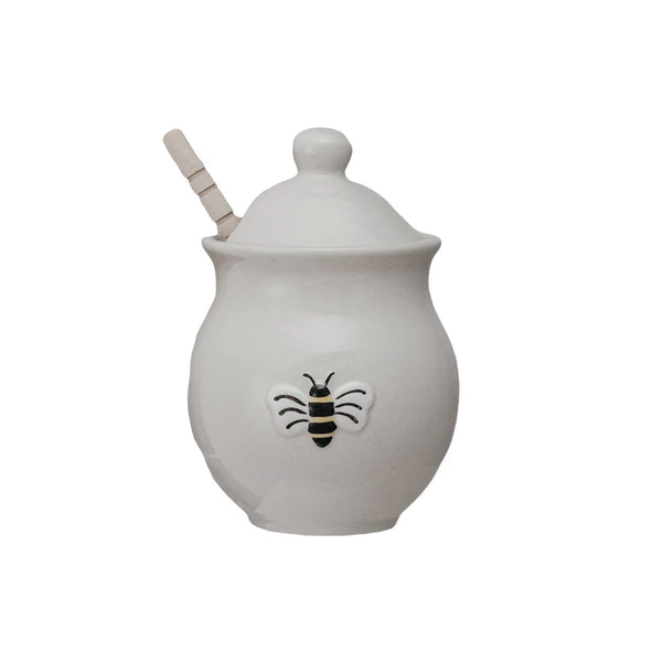 Honey Jar w/ Bee & Wood Dipper, Set of 2