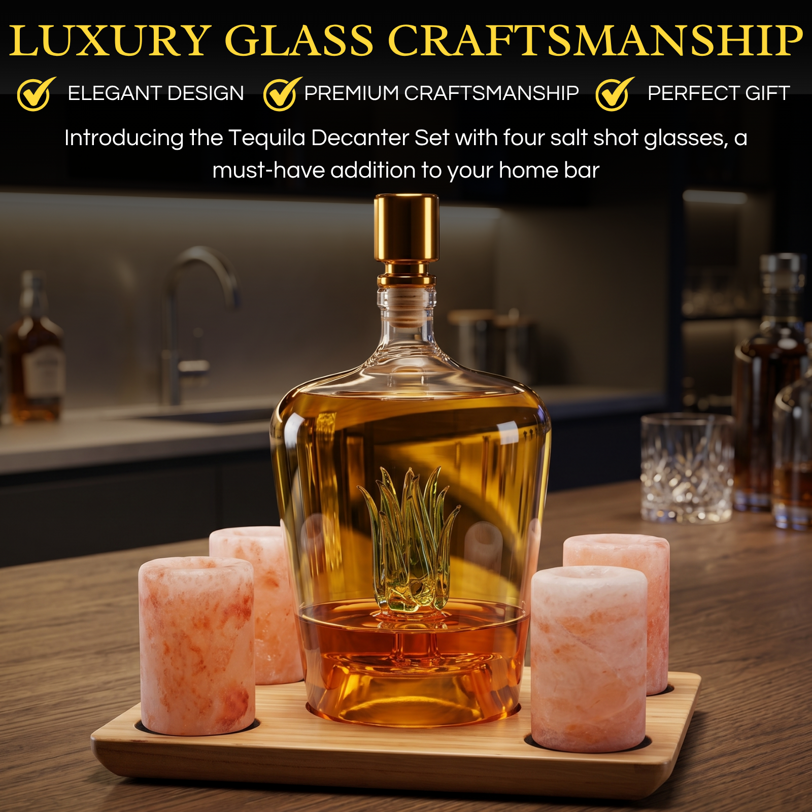 Tequila Decanter With 4 Pink Himalayan Salt Shot Glasses