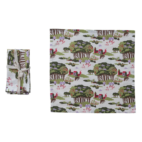 18" Square Cotton Printed Napkins, Set of 4 Tied with Cotton Tape
