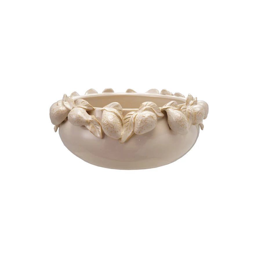 Stoneware Bowl with 3D Lemons on Rim, Cream Color