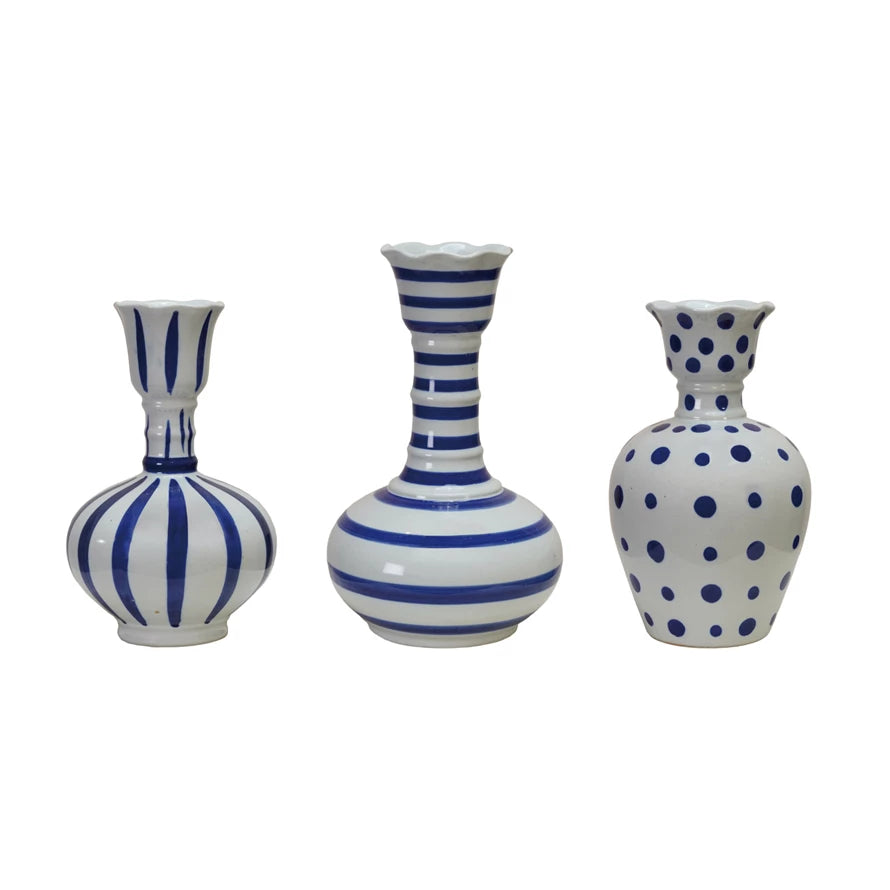 Hand-Painted Stoneware Vase with Dots/Stripes,
