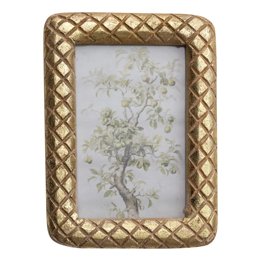 Carved Mango Wood Photo Frame w/ Diamond Pattern, Gold Foil Finish