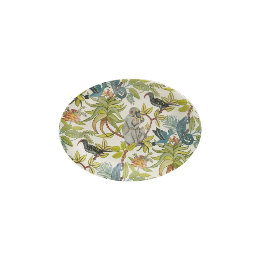 16"L Oval Printed Stoneware Platter w Rainforest Scene