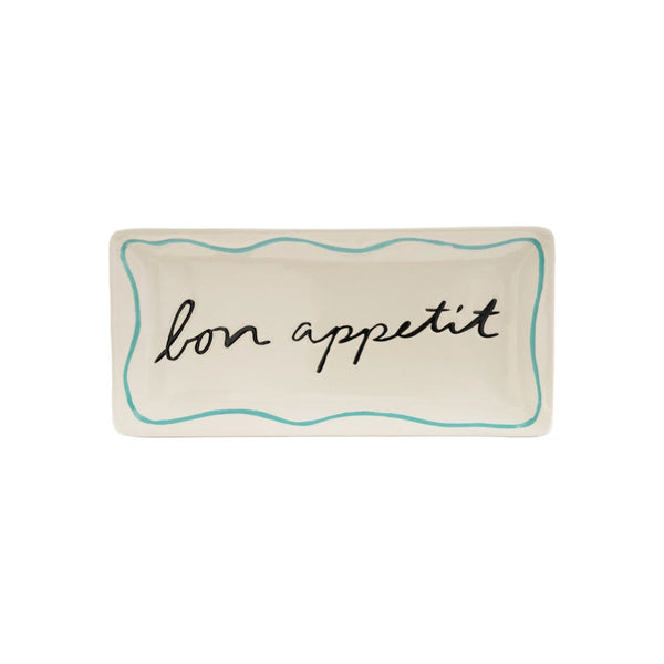 Stoneware Platter w/ Wax Relief Saying "Bon Appetit", Cream Color, Black & Blue
