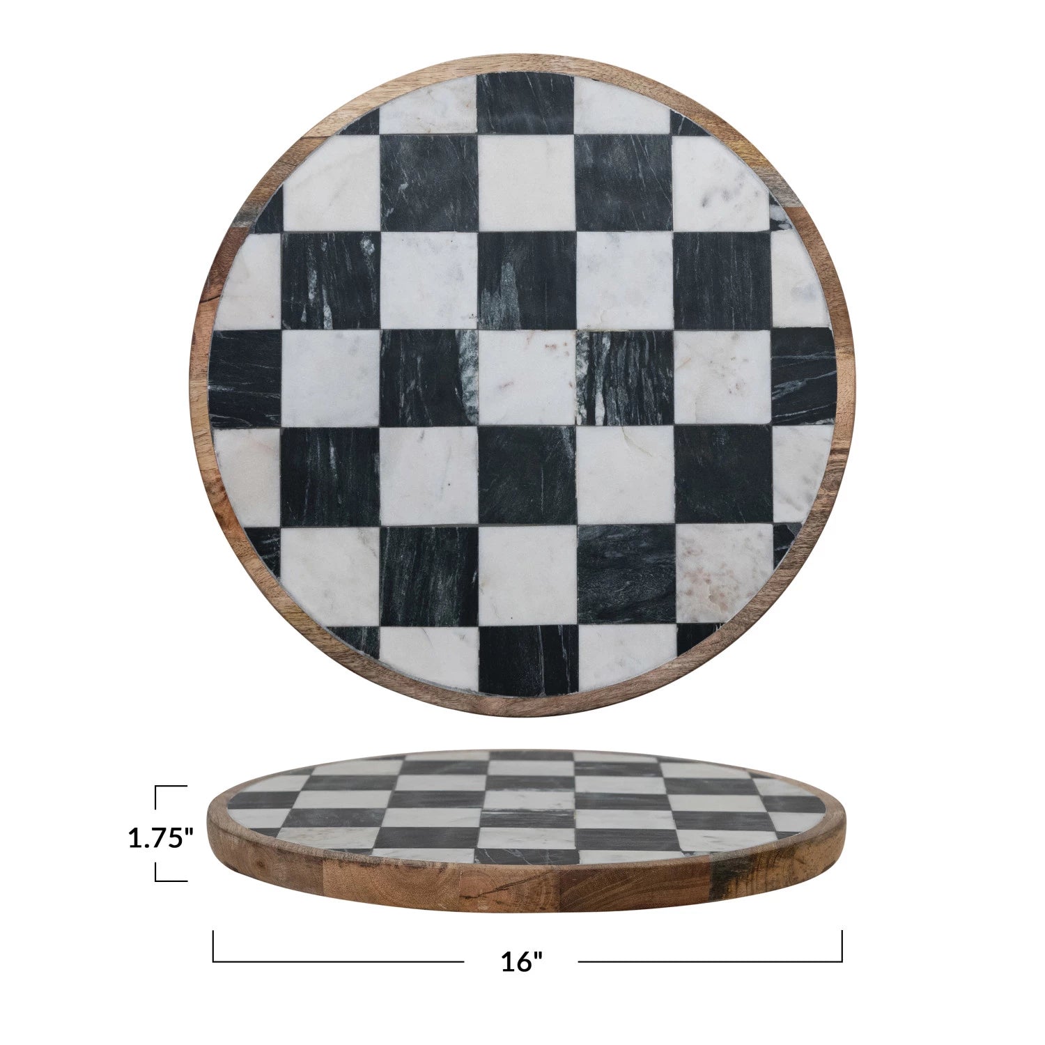 Mango Wood & Marble Check Lazy Susan, White, Black & Natural (Each One Will Vary)