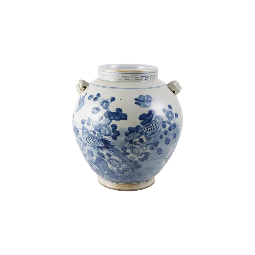 Hand-Painted Stoneware Vintage Reproduction Cachepot w/ Floral Pattern