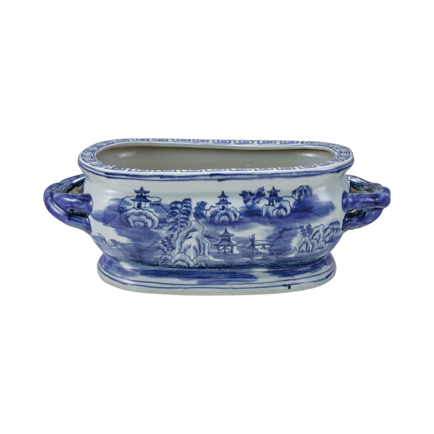 Oval Hand-Painted Stoneware Vintage Reproduction Planter w/ Landscape & Handles