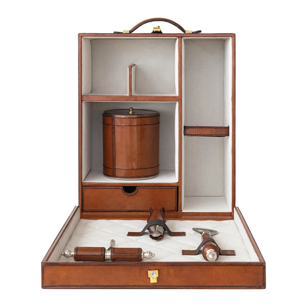Travel Bar Trunk w/ Flocked Interior, Ice Bucket, Bottle Opener, Cork Screw, Tongs, Set of 5