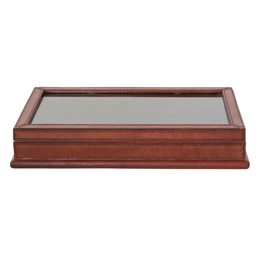 Handmade Leather & MDF Box with Glass Lid & Magnetic Closure, Brown