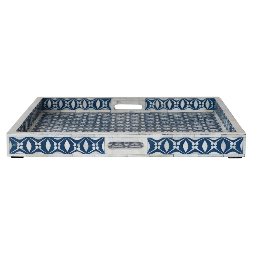 Decorative MDF & Resin Tray with Bone Inlay & Handles, Blue & Ivory Color