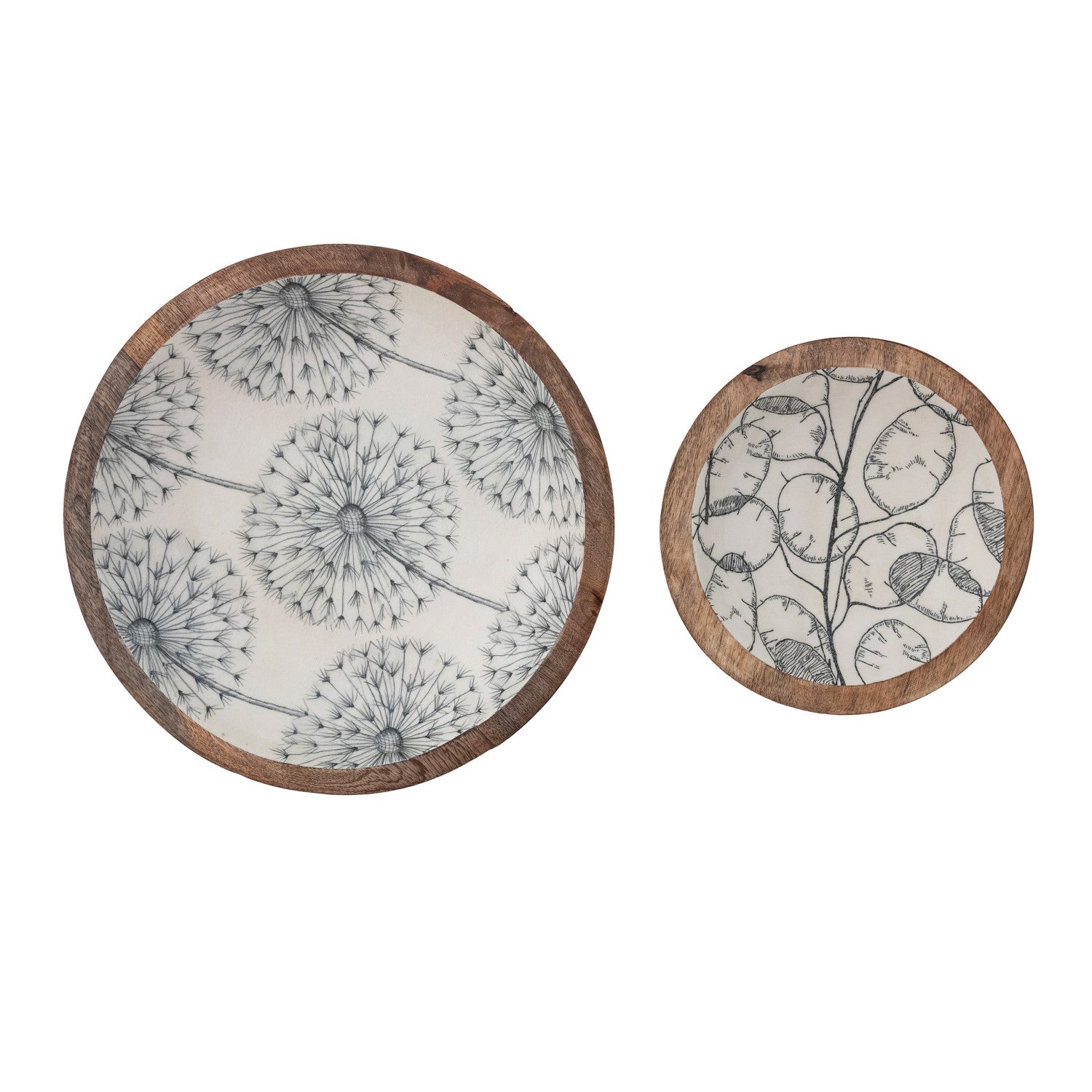 Enameled Mango Wood Bowls with Botanical Patterns, Cream Color & Grey Small