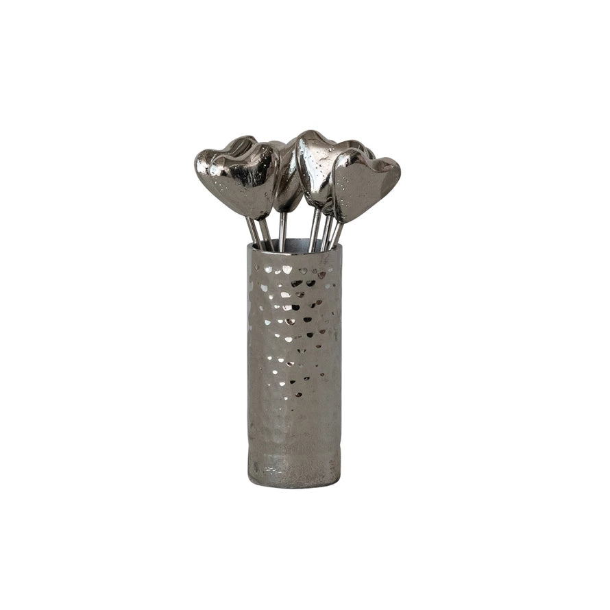Aluminum Holder with (6) Stainless Steel Appetizer Picks with Heart Handles, Boxed Set of 7