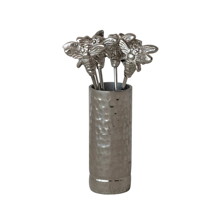 Aluminum Holder with (6) Stainless Steel Appetizer Picks with Bee Handles, Boxed Set of 7