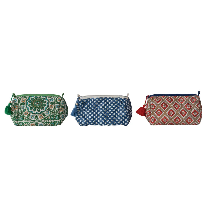 Quilted Cotton Slub Zip Pouch with Interior Lining, Wood Bead & Tassel, 3 Styles