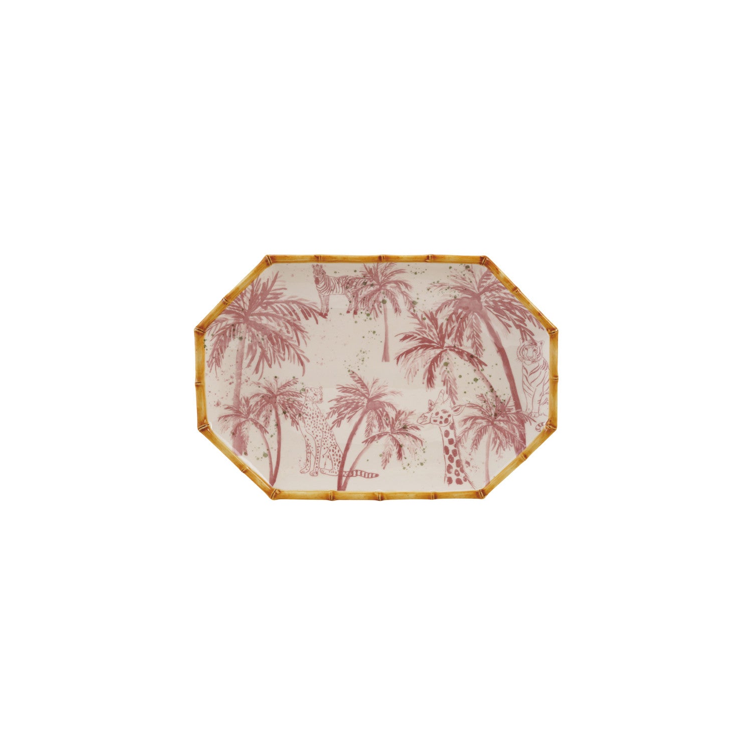 Hand-Painted Stoneware Octagon Shaped Platter with Palm Trees, Animals & Bamboo Style Edge