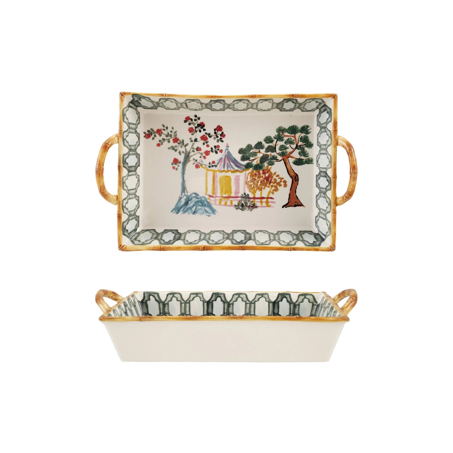 2 Quart Hand-Painted Stoneware Baker with House, Trees, Bamboo Style Edge & Handles