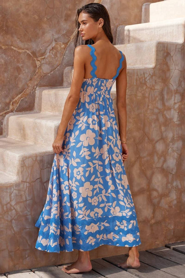 Floral wave suspender maxi dress summer beach dress: S / White-wave