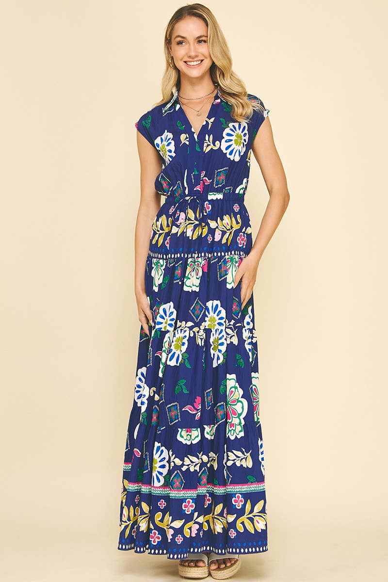 FLORAL TIERED MAXI DRESS - 5176DD: DEEP BLUE