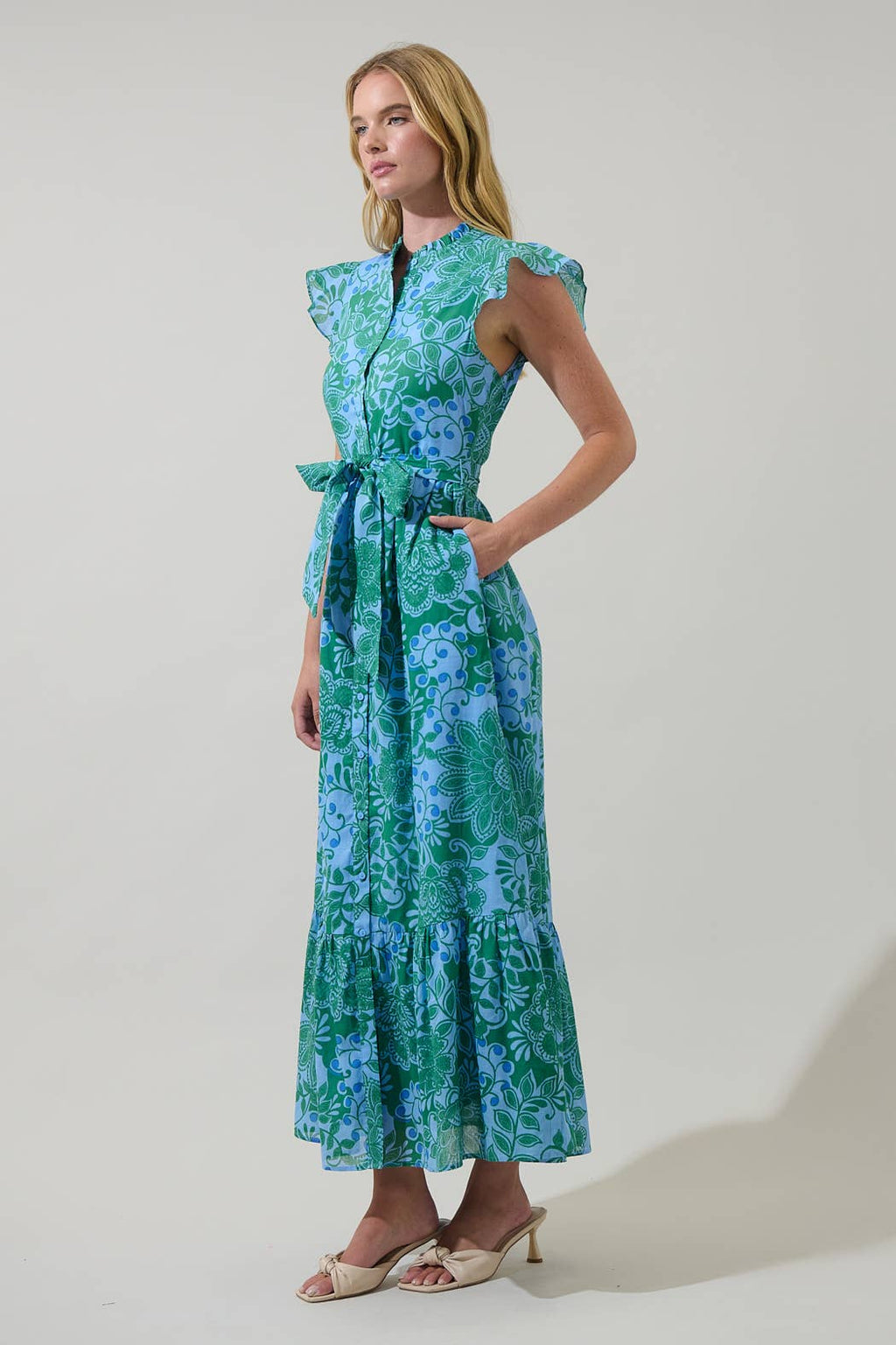 Tressa Floral Riah Button Down Maxi Dress: KELLY-BLUE-MUL / L