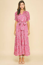DAMASK PRINT TIERED MAXI DRESS MAGENTA