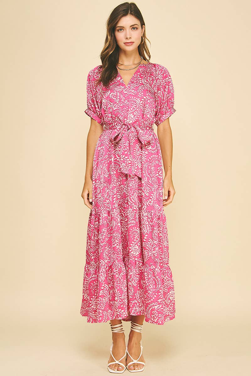 DAMASK PRINT TIERED MAXI DRESS MAGENTA