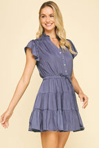 BUTTON DOWN TIERED MINI DRESS -  BERRY