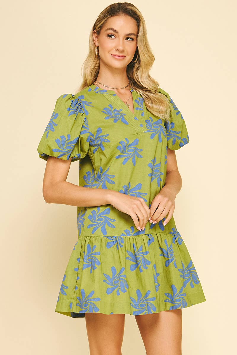 FLORAL PRINT MINI DRESS  AVOCADO BLUE