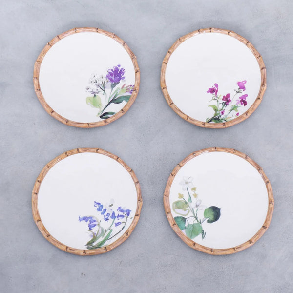 VIDA Bamboo Floral Salad Plates Set of 4 (White and Multi)