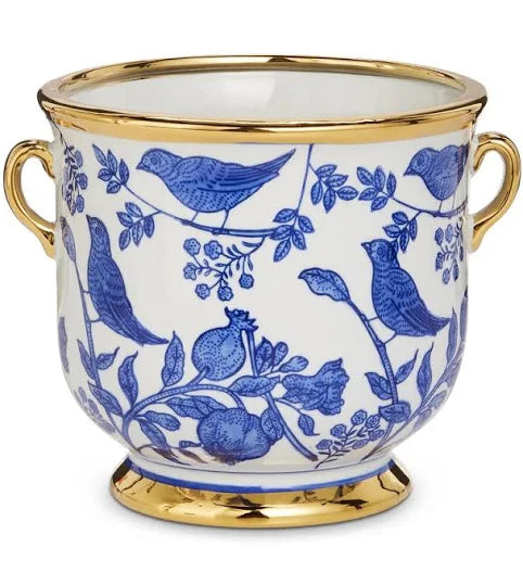7.5" Blue Bird Cache Pot with Handles
