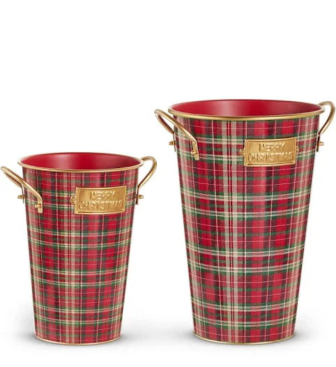 13.5" Red, Green and Gold Plaid Bucket Decor