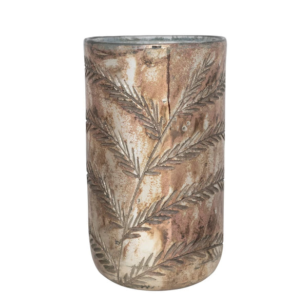 6" Round x 10-1/2"H Etched Mercury Glass Hurricane/Vase, Antique Silver Finish