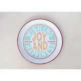 14-1/2" Round Enameled Tray with Red Rim "Wishing Joy And Happiness