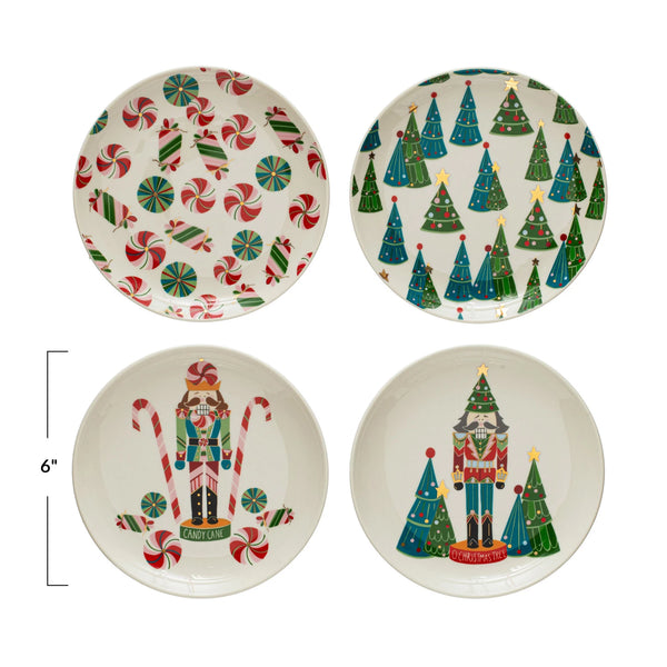 6" Round Stoneware Plate w/ Holiday Pattern/Image