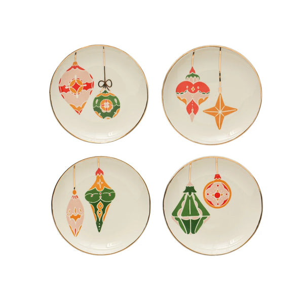 5" Round Stoneware Plate w/ Ornaments & Gold Electroplating, 4 Styles