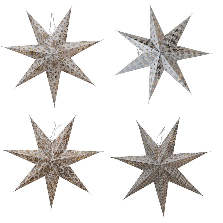 24"H Folding 7-Point Recycled Paper Star Ornament w/ LED Light String, Multi Color