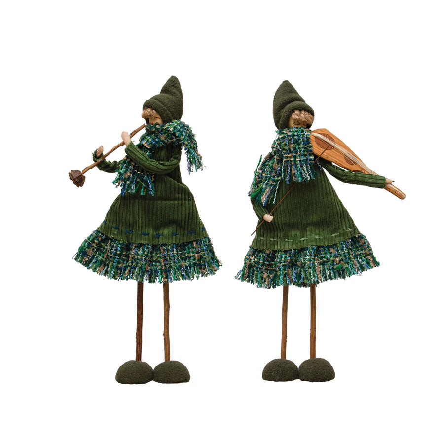 13-3/4"H Handmade Girl w/ Corduroy & Tweed Outfit, Instrument & Wood Legs