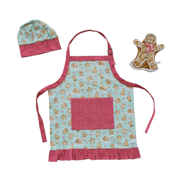 24"L x 20"W Cotton Child Apron w/ Pocket, Ruffle, Chef Hat & Hot Mitt, Set of 3